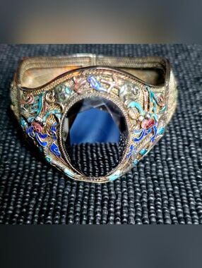 Antique SS Chinese Cloisonné Enamel Filigree Bracelet with Moisanite Stone.